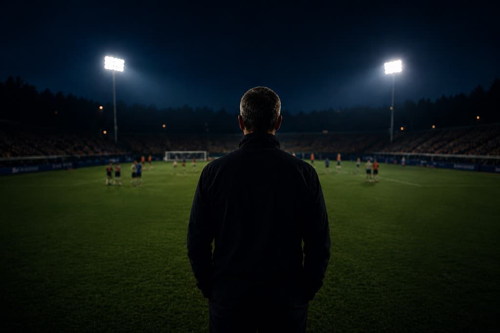 Coach overlooking a soccer field at night